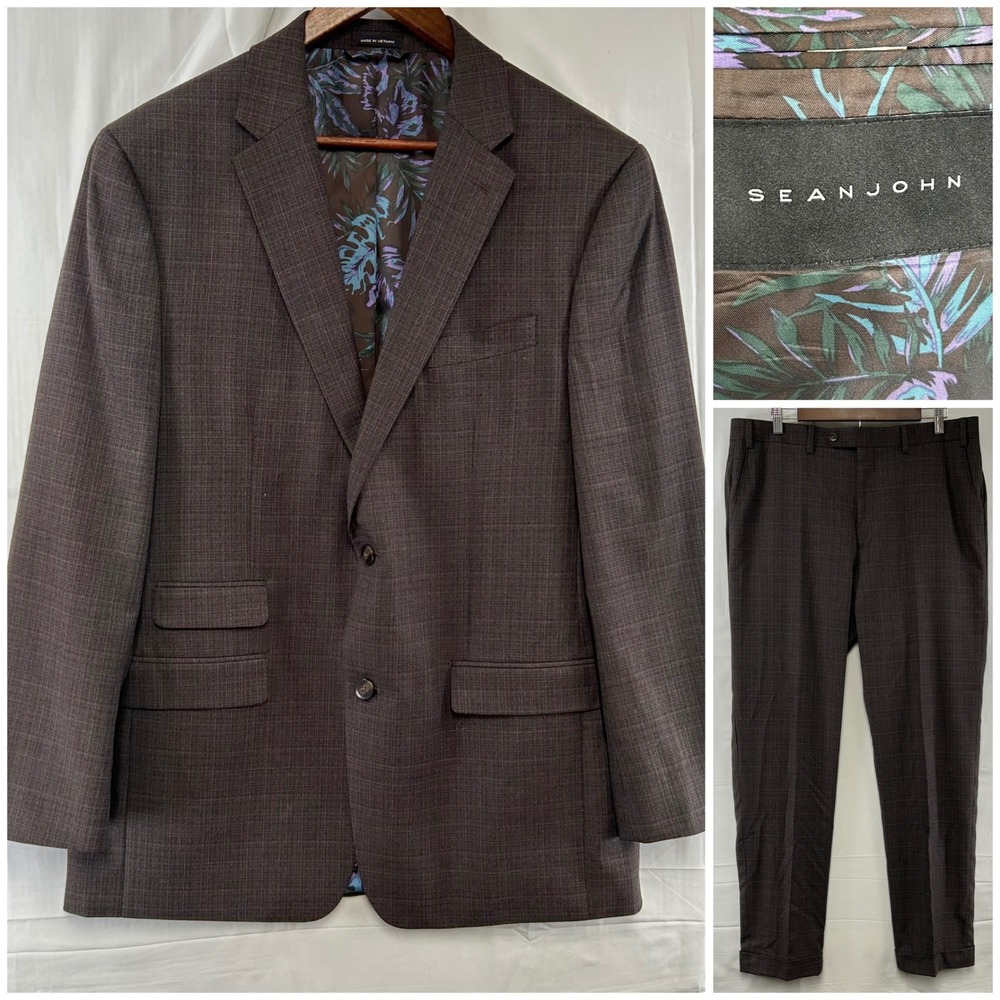 Sean John Suit Mens 42L 36x32 Brown Textured Check 2-Button Tropical Floral Line